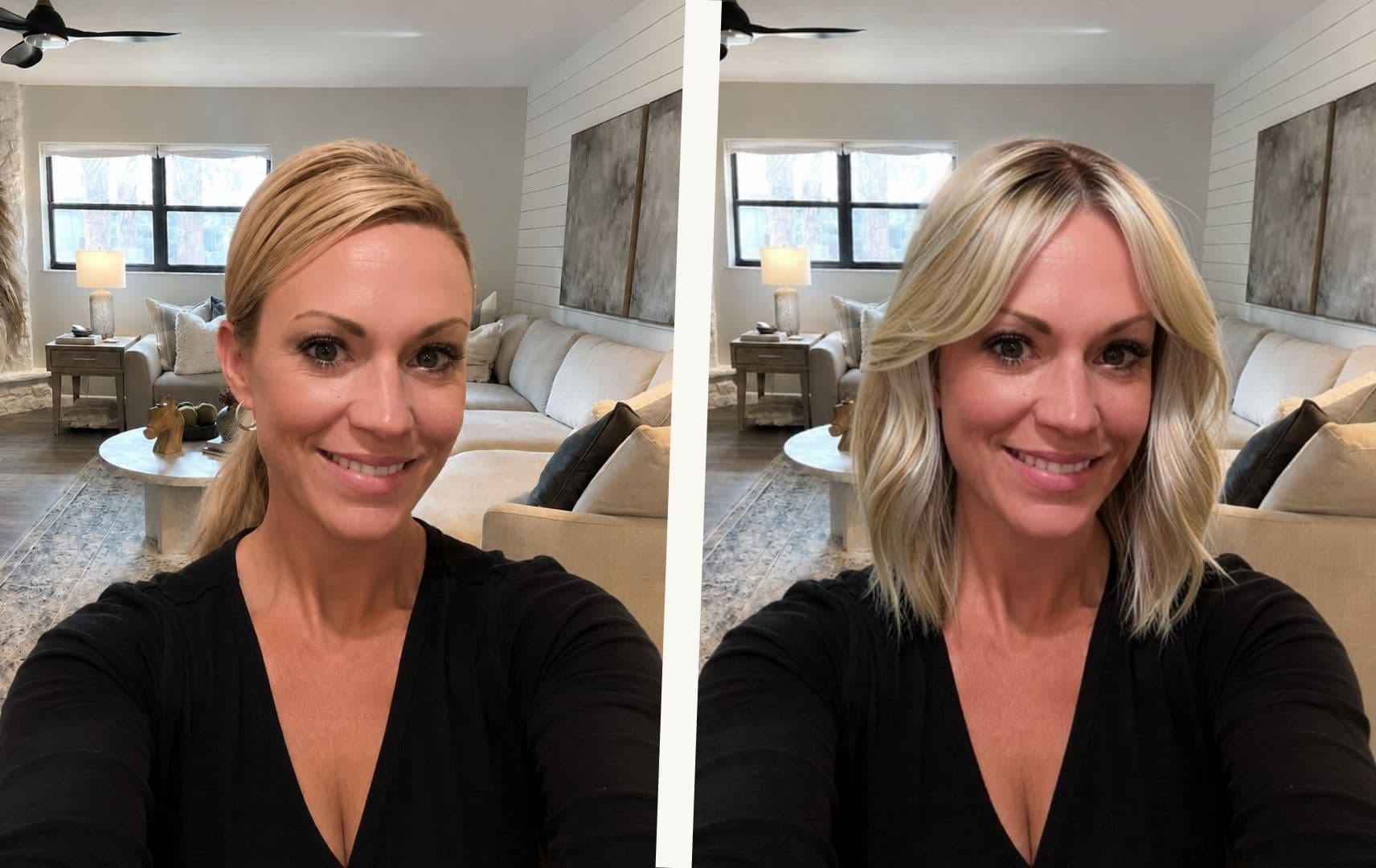Before and after wig try-on comparison
